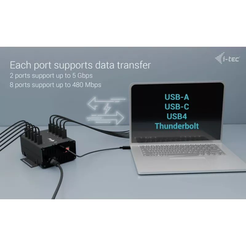 i-tec USB-C/USB-A metallinen lataus- ja data-keskitin, 15 W per portti, 10x USB-C