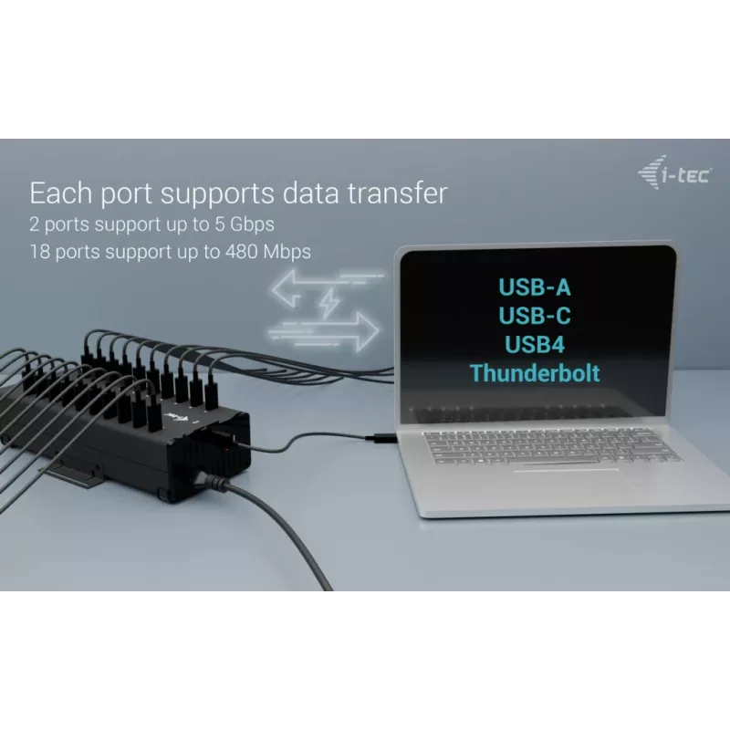 i-tec USB-C/USB-A metallinen lataus- ja datakeskitin, 15W liitäntää kohti, 20x USB-C