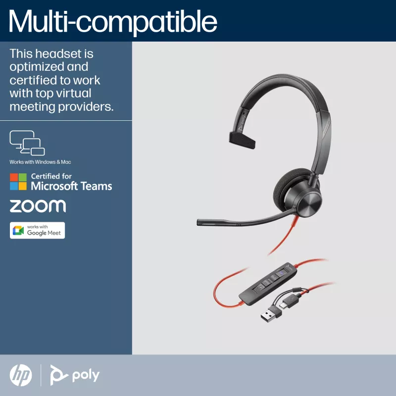 HP Poly Blackwire 3310 yksikanavainen Microsoft Teams -sertifioitu USB-C-kuulokemikrofoni + USB-C/A-sovitin