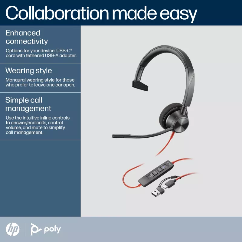 HP Poly Blackwire 3310 yksikanavainen Microsoft Teams -sertifioitu USB-C-kuulokemikrofoni + USB-C/A-sovitin