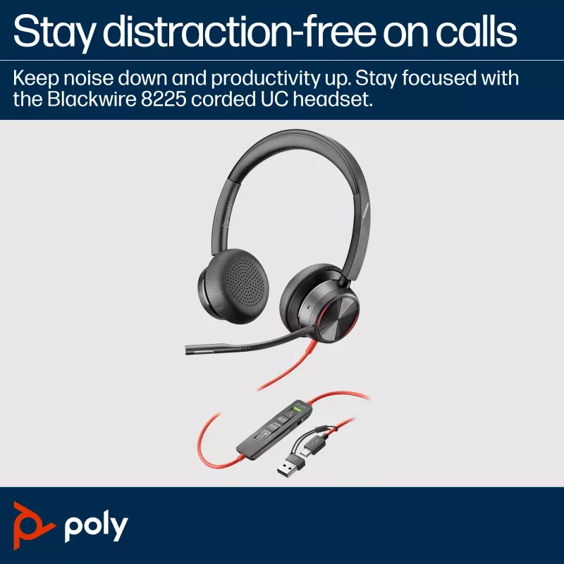 HP Poly Blackwire 8225 stereofoninen USB-C-kuulokemikrofoni + USB-C/A-sovitin