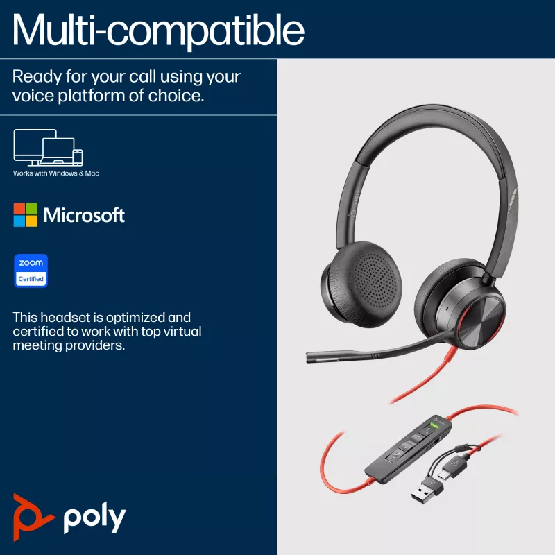 HP Poly Blackwire 8225 stereofoninen USB-C-kuulokemikrofoni + USB-C/A-sovitin