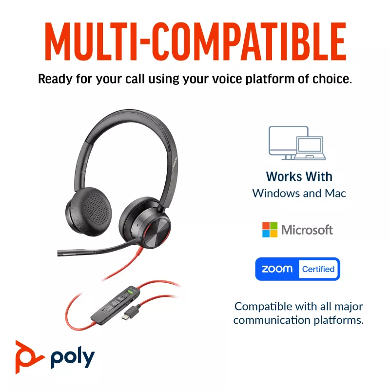 HP Poly Blackwire 8225 stereofoninen USB-C-kuulokemikrofoni + USB-C/A-sovitin
