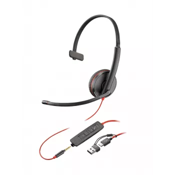 HP Poly Blackwire 3215 yksikanavainen USB-C-kuulokemikrofoni + 3,5 mm liitin + USB-C/A-sovitin