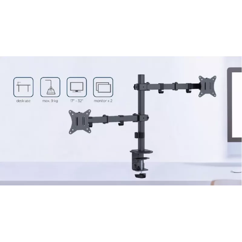 GEMBIRD säädettävä pöytään kiinnitettävä kaksoisnäyttövarsi, 17 inch-32 inch