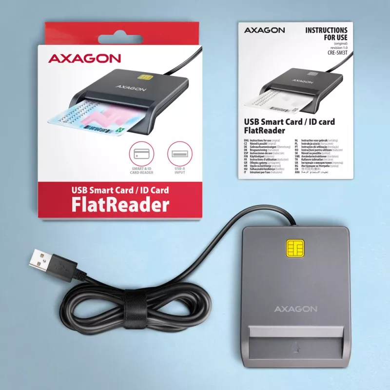 Axagon CRE-SM3T USB-A äly-/ID-kortinlukija, litteä, USB 2.0, 1,3 m, musta, 56 g