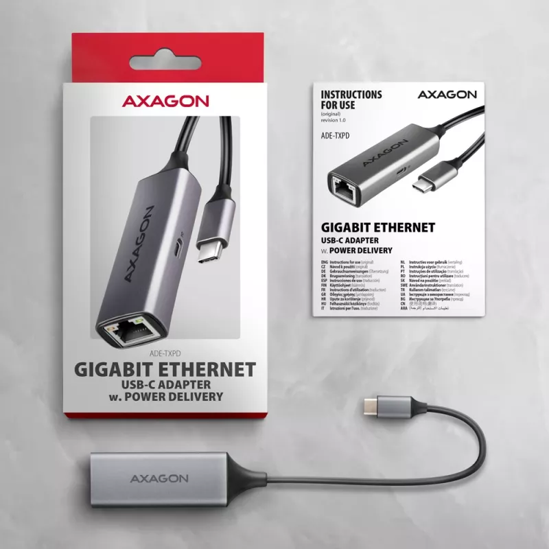 Axagon ADE-TXPD USB-C Gigabit Ethernet -sovitin PD 100W
