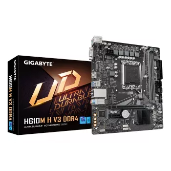 GIGABYTE H610M H V3 DDR4 emolevy - tukee Intel Core 14. sukupolven suorittimia, 4+1+1 hybridivaihe digitaalinen VRM, jopa 3200 MHz DDR4, 1x PCIe 3.0 M.2, GbE LAN, USB 3.2 Gen 1