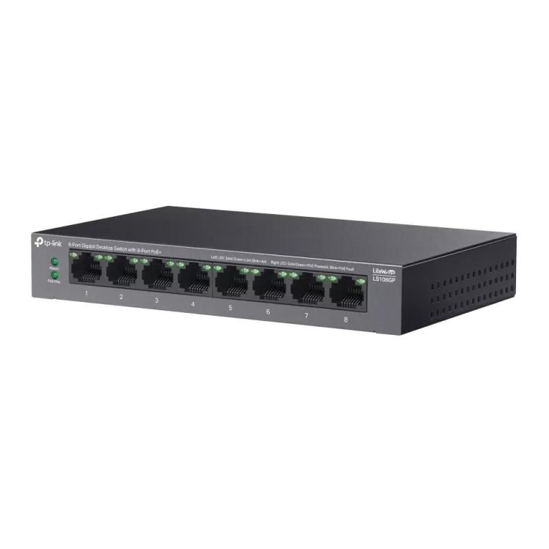 TP-Link LiteWave 8-porttinen Gigabit-työpöytäkytkin, jossa 8-porttinen PoE+