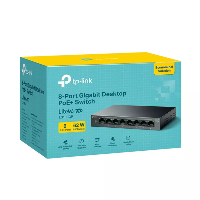 TP-Link LiteWave 8-porttinen Gigabit-työpöytäkytkin, jossa 8-porttinen PoE+