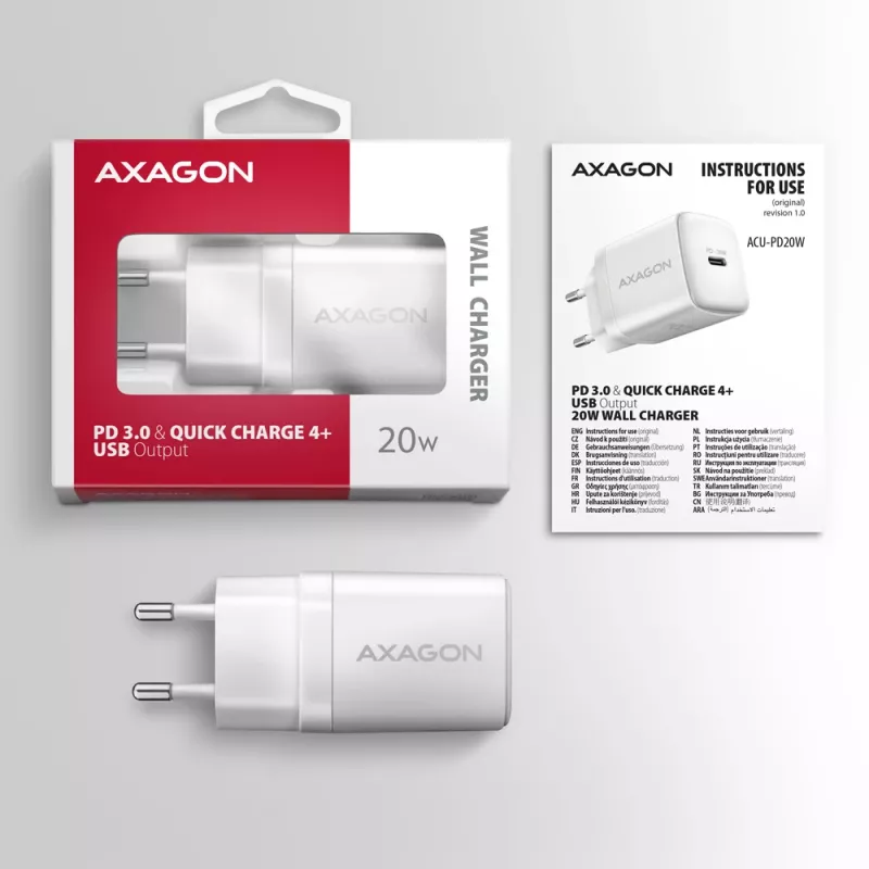 Axagon ACU-PD20W seinälaturi 1x QC3.0/AFC/FCP/PD Type-C 20W valkoinen