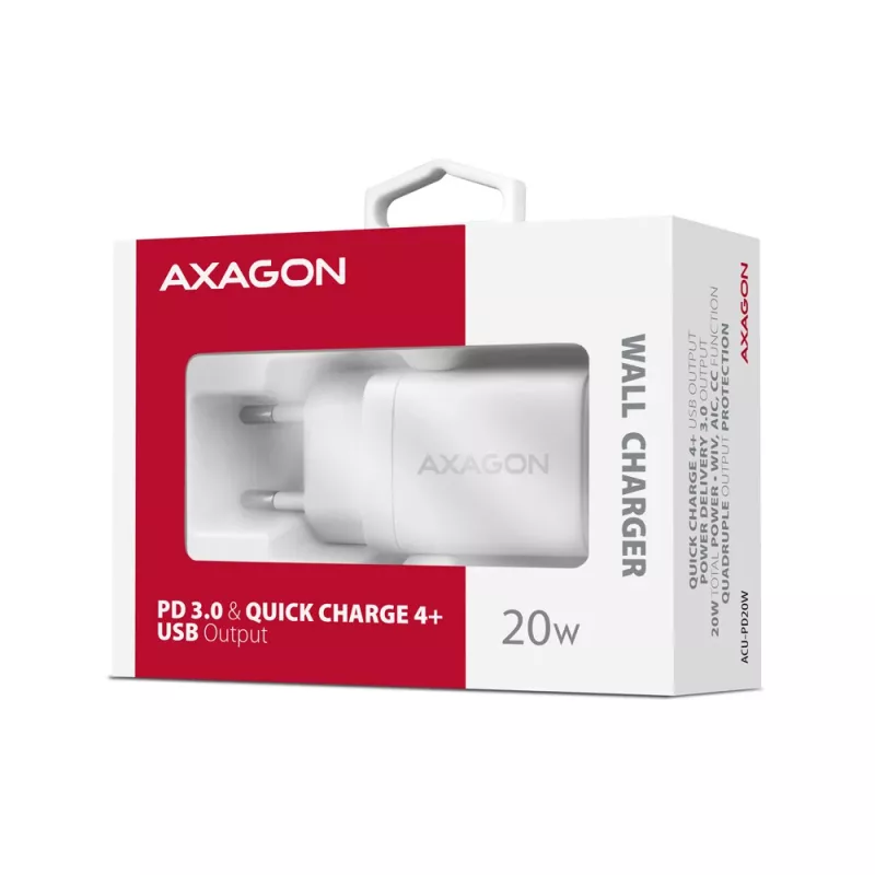 Axagon ACU-PD20W seinälaturi 1x QC3.0/AFC/FCP/PD Type-C 20W valkoinen