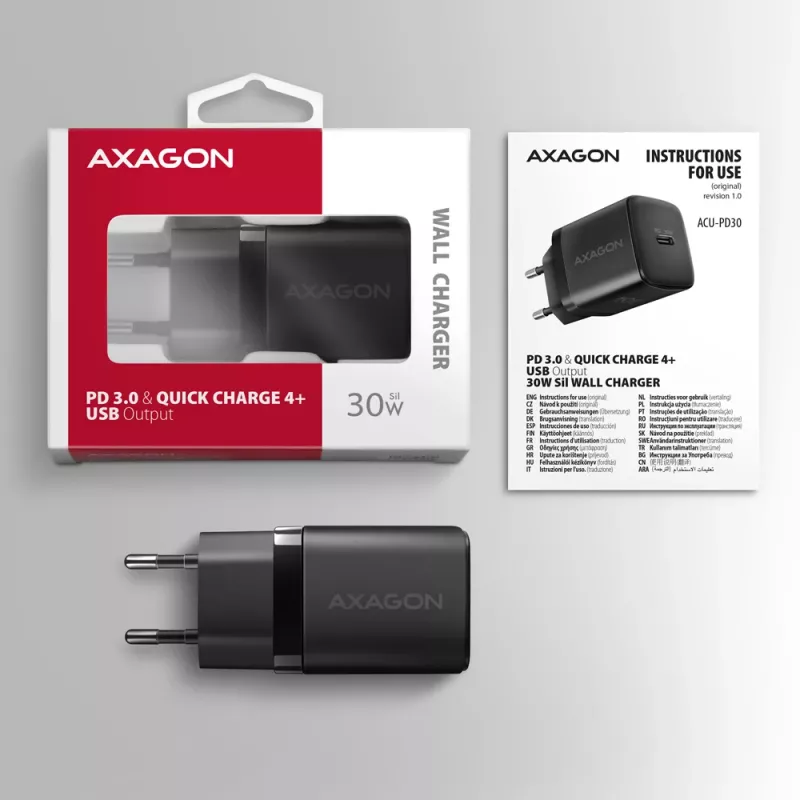 Axagon ACU-PD30 PD3.0 & QC4+ 1x lähtö seinälaturi 30W, sisätila, AC, musta