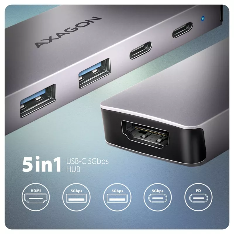 Axagon HMC-5H60 USB 5Gbps -keskitin, 2x USB-A, 1x USB-C, HDMI 4k/60Hz, PD 100W, USB-C-kaapeli