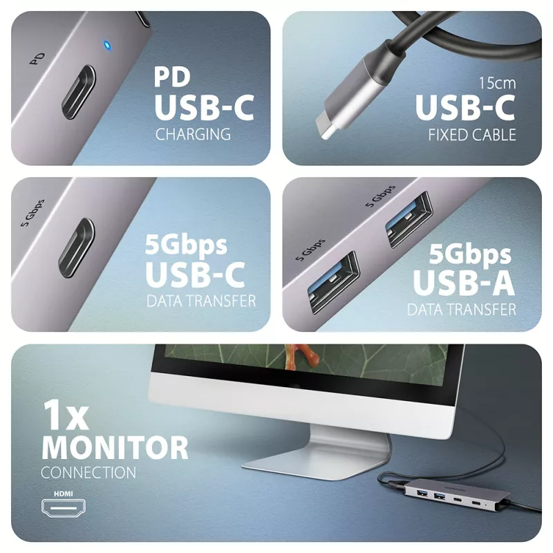 Axagon HMC-5H60 USB 5Gbps -keskitin, 2x USB-A, 1x USB-C, HDMI 4k/60Hz, PD 100W, USB-C-kaapeli