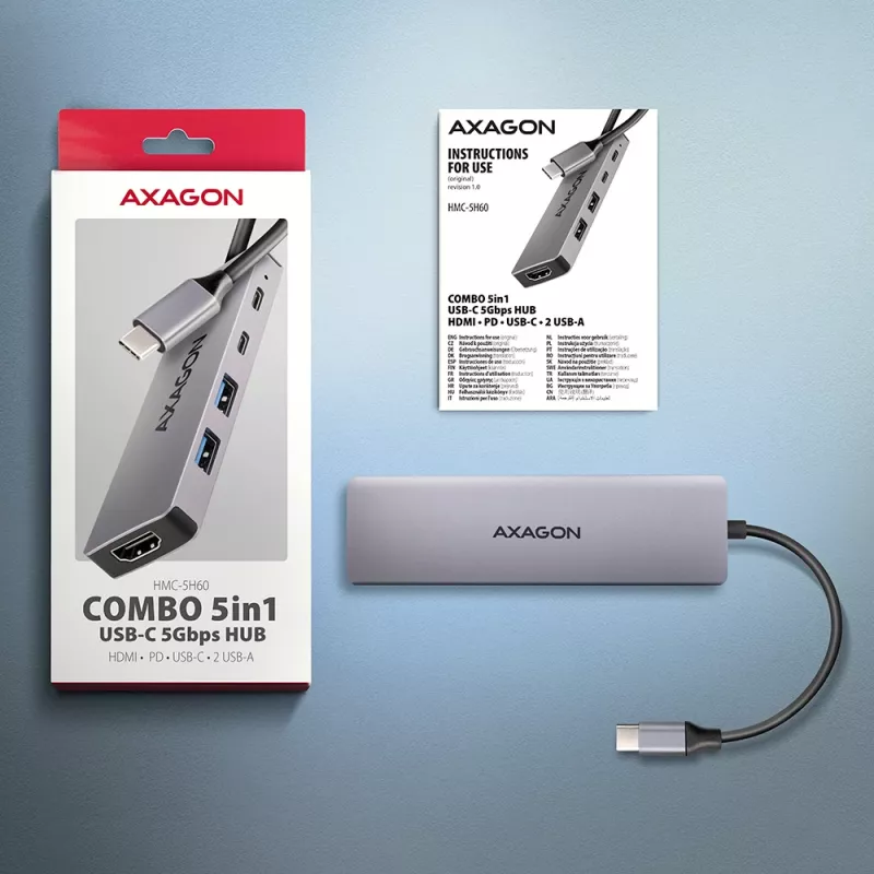 Axagon HMC-5H60 USB 5Gbps -keskitin, 2x USB-A, 1x USB-C, HDMI 4k/60Hz, PD 100W, USB-C-kaapeli