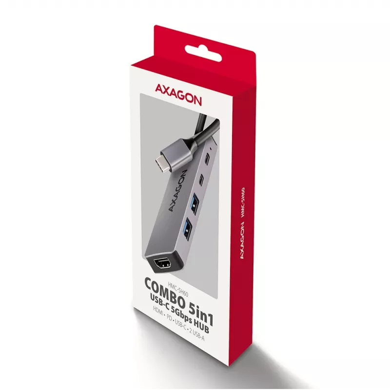 Axagon HMC-5H60 USB 5Gbps -keskitin, 2x USB-A, 1x USB-C, HDMI 4k/60Hz, PD 100W, USB-C-kaapeli