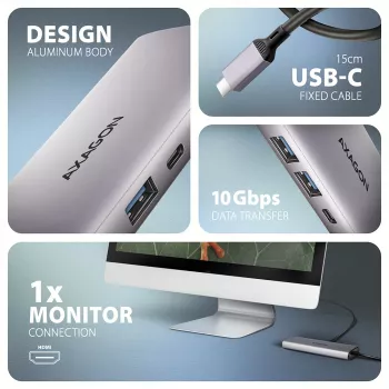 Axagon HMC-6G2L USB 10Gbps -keskitin, 2x USB-A, 1x USB-C, HDMI 4k/60Hz, RJ-45, PD 100W