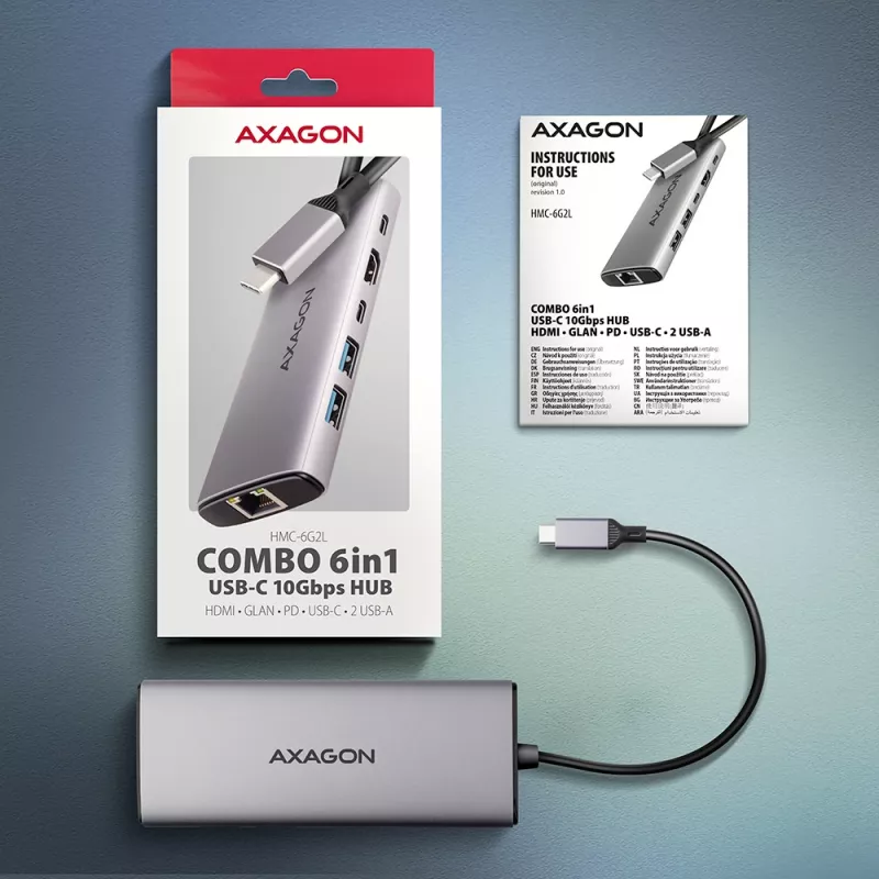 Axagon HMC-6G2L USB 10Gbps -keskitin, 2x USB-A, 1x USB-C, HDMI 4k/60Hz, RJ-45, PD 100W
