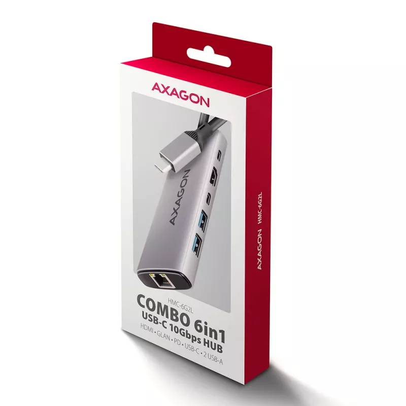 Axagon HMC-6G2L USB 10Gbps -keskitin, 2x USB-A, 1x USB-C, HDMI 4k/60Hz, RJ-45, PD 100W