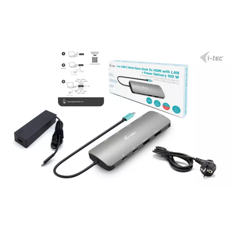 i-tec Metal USB-C Nano 2x näyttö -telakointiasema PD 100 W + laturi 100W