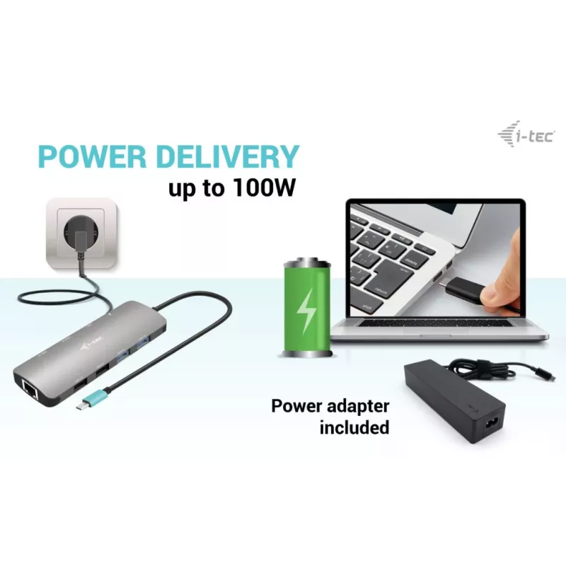 i-tec Metal USB-C Nano 2x näyttö -telakointiasema PD 100 W + laturi 100W