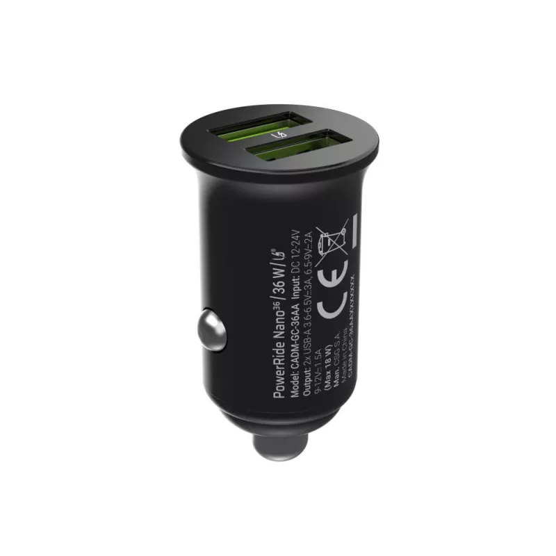 Green Cell GC PowerRide Nano36 CADM-GC-36AA autolaturi 36 W 6 A, 2 × USB-A, Ultra Charge -pikalataus, 12/24 V, musta