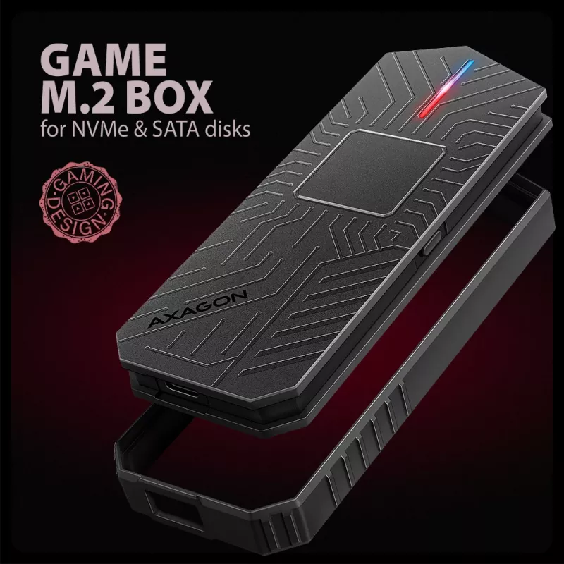 Axagon EEM2-GAM ulkoinen USB-C 10Gbps metallikotelo M.2 NVMe & SATA SSD-asemille. Ruuviton