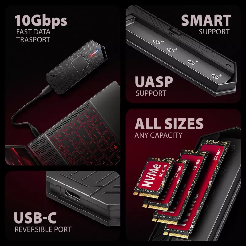 Axagon EEM2-GAM ulkoinen USB-C 10Gbps metallikotelo M.2 NVMe & SATA SSD-asemille. Ruuviton