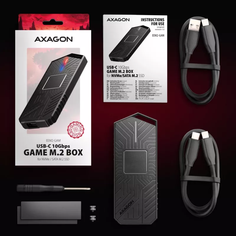 Axagon EEM2-GAM ulkoinen USB-C 10Gbps metallikotelo M.2 NVMe & SATA SSD-asemille. Ruuviton