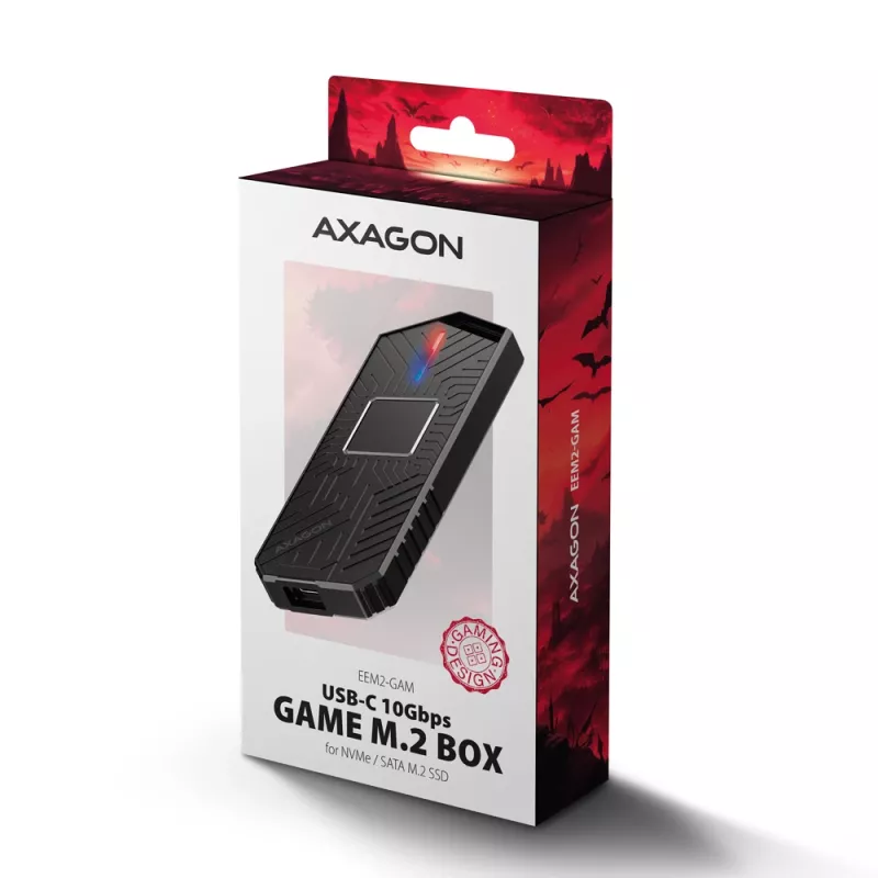 Axagon EEM2-GAM ulkoinen USB-C 10Gbps metallikotelo M.2 NVMe & SATA SSD-asemille. Ruuviton