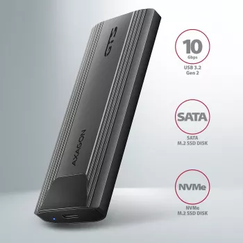 Axagon EEM2-GTS2 ulkoinen USB-C 10 Gbit/s metallikotelo M.2 NVMe & SATA SSD-asemille. Ruuviton