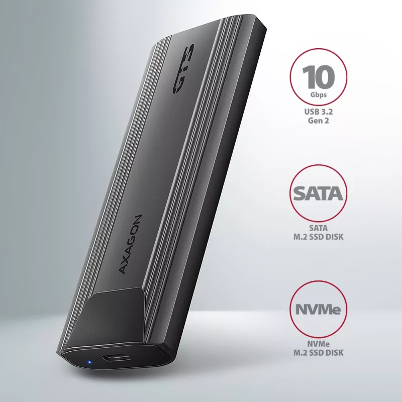 Axagon EEM2-GTS2 ulkoinen USB-C 10 Gbit/s metallikotelo M.2 NVMe & SATA SSD-asemille. Ruuviton