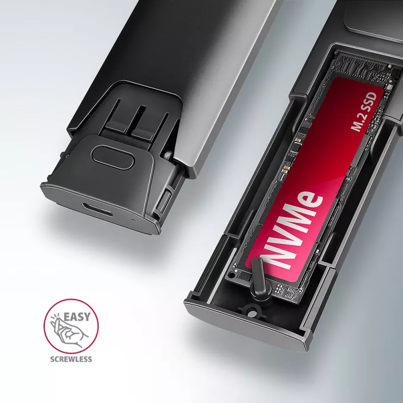 Axagon EEM2-GTS2 ulkoinen USB-C 10 Gbit/s metallikotelo M.2 NVMe & SATA SSD-asemille. Ruuviton