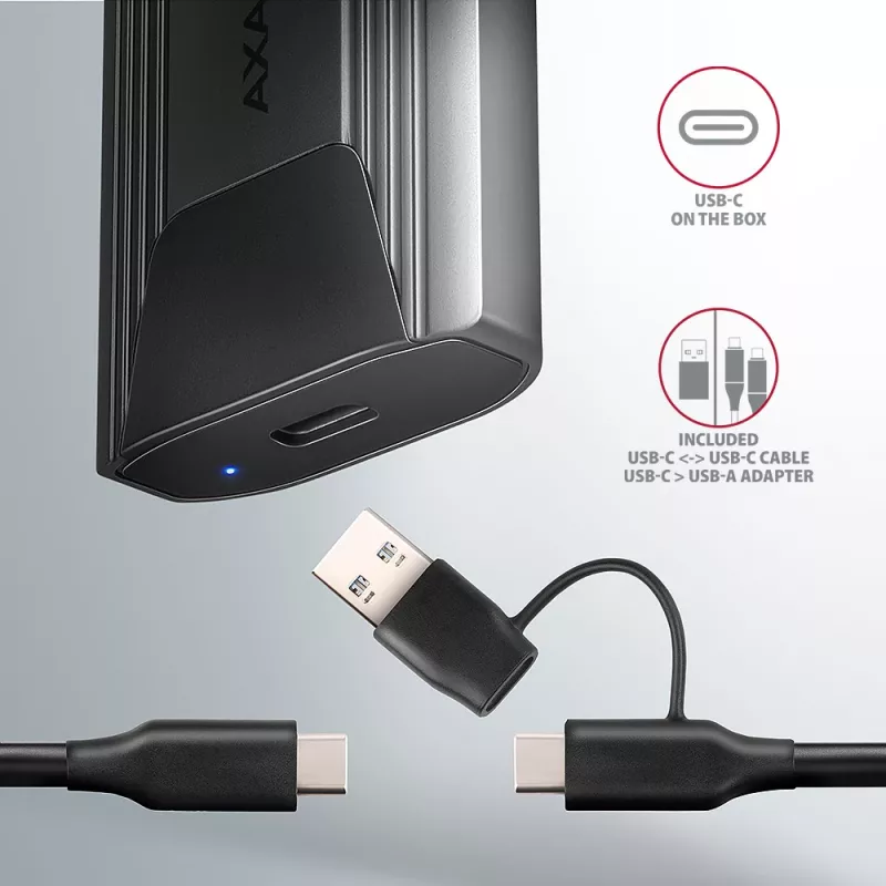 Axagon EEM2-GTS2 ulkoinen USB-C 10 Gbit/s metallikotelo M.2 NVMe & SATA SSD-asemille. Ruuviton