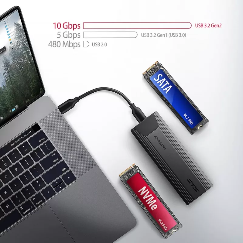 Axagon EEM2-GTS2 ulkoinen USB-C 10 Gbit/s metallikotelo M.2 NVMe & SATA SSD-asemille. Ruuviton