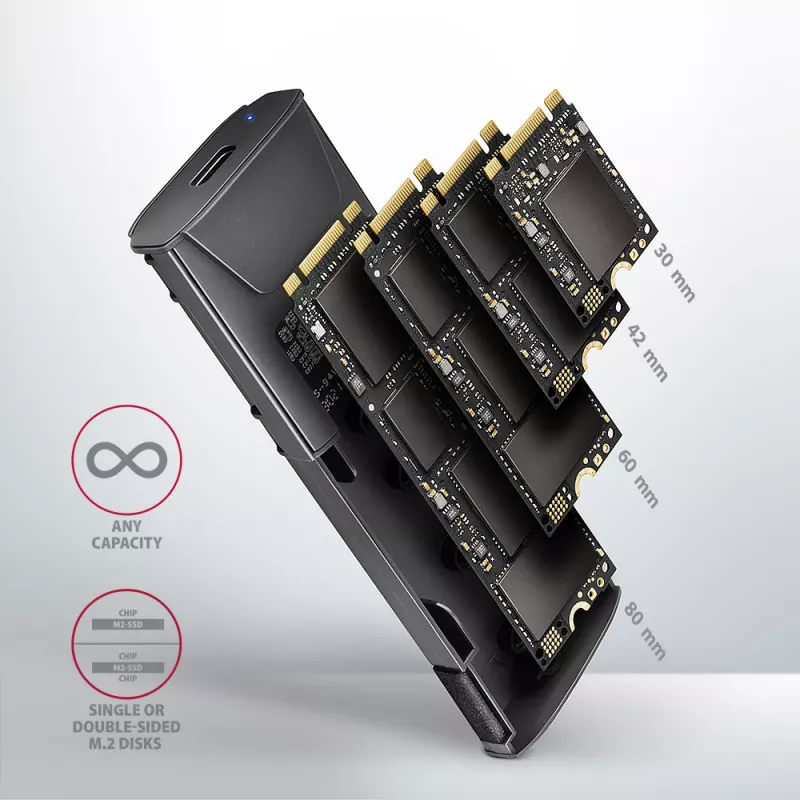 Axagon EEM2-GTS2 ulkoinen USB-C 10 Gbit/s metallikotelo M.2 NVMe & SATA SSD-asemille. Ruuviton
