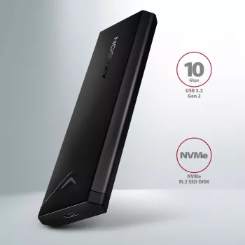 Axagon EEM2-UB2 ulkoinen USB-C 10Gbps metallikotelo M.2 NVMe SSD-asemille. Musta