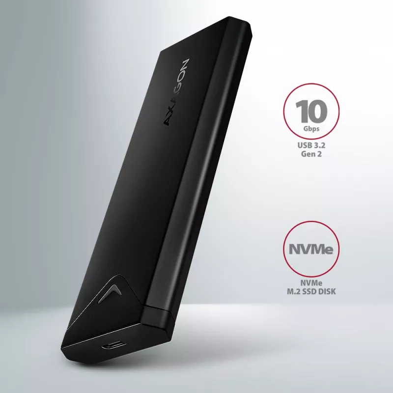 Axagon EEM2-UB2 ulkoinen USB-C 10Gbps metallikotelo M.2 NVMe SSD-asemille. Musta
