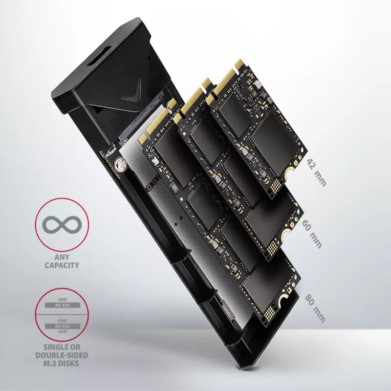 Axagon EEM2-UB2 ulkoinen USB-C 10Gbps metallikotelo M.2 NVMe SSD-asemille. Musta