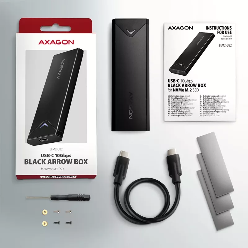 Axagon EEM2-UB2 ulkoinen USB-C 10Gbps metallikotelo M.2 NVMe SSD-asemille. Musta