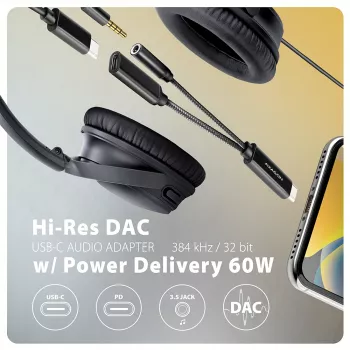 Axagon ADA-HCPD USB-C - 3,5 mm liitäntä – Hi-Res-DAC-audiosovitin, 384 kHz/32 bit, PD 60 W 3 A