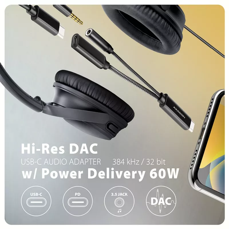 Axagon ADA-HCPD USB-C - 3,5 mm liitäntä – Hi-Res-DAC-audiosovitin, 384 kHz/32 bit, PD 60 W 3 A