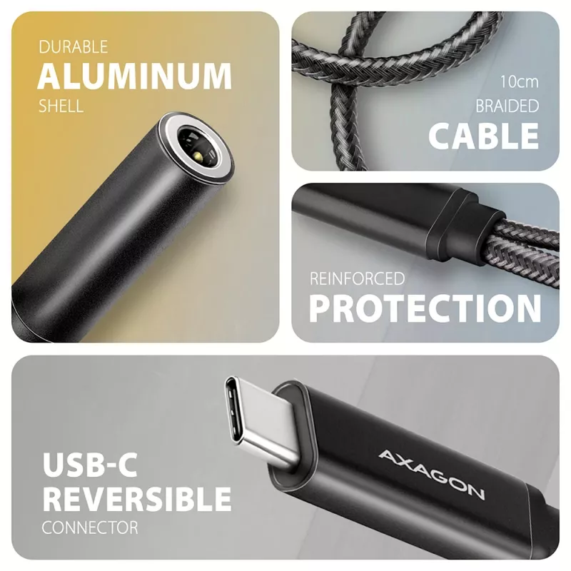 Axagon ADA-HCPD USB-C - 3,5 mm liitäntä – Hi-Res-DAC-audiosovitin, 384 kHz/32 bit, PD 60 W 3 A