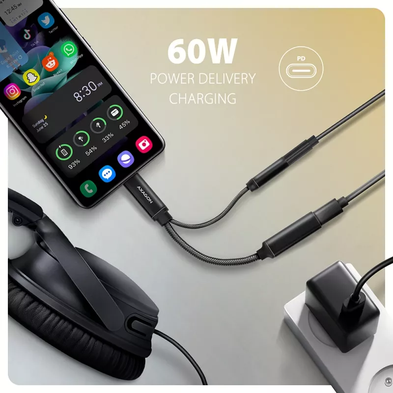 Axagon ADA-HCPD USB-C - 3,5 mm liitäntä – Hi-Res-DAC-audiosovitin, 384 kHz/32 bit, PD 60 W 3 A