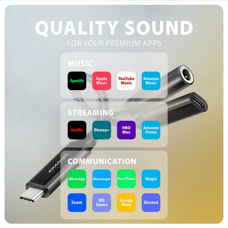 Axagon ADA-HCPD USB-C - 3,5 mm liitäntä – Hi-Res-DAC-audiosovitin, 384 kHz/32 bit, PD 60 W 3 A