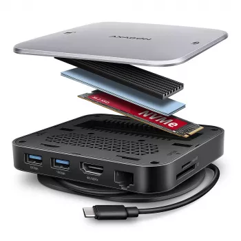 Axagon HMC-UFO USB-C-keskitin M.2 SATA/NVMe 1 Gbit/s Ethernet 384 kHz audio langallinen USB 3.2 Gen 2 (3.1 Gen 2) Type-C musta