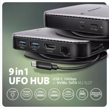 Axagon HMC-UFO USB-C-keskitin M.2 SATA/NVMe 1 Gbit/s Ethernet 384 kHz audio langallinen USB 3.2 Gen 2 (3.1 Gen 2) Type-C musta