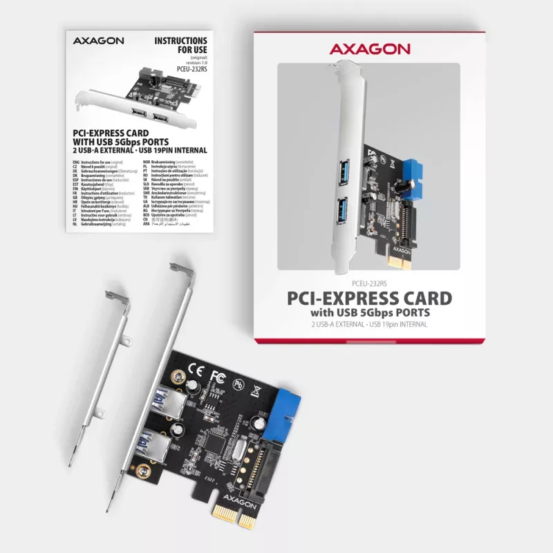 Axagon PCEU-232RS PCIe-ohjain 2x ulk. + 2x sis. USB 5Gbps