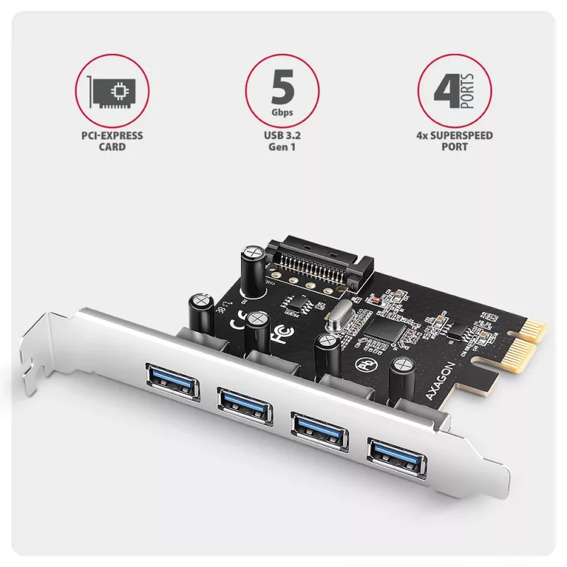 Axagon PCEU-430RS PCIe 2.0 x1 -ohjainkortti, 4x ulkoinen USB-A 5 Gbps (USB 3.2 Gen 1), Renesas PD720201, UASP, SATA 15-pin virtaliitäntä